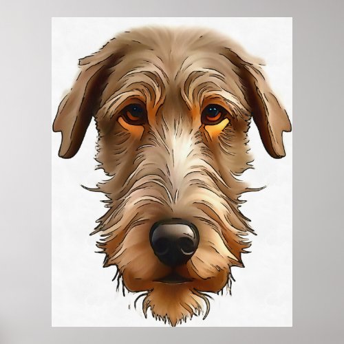 Irish Wolfhound Pet Portrait Black Outline Art Poster