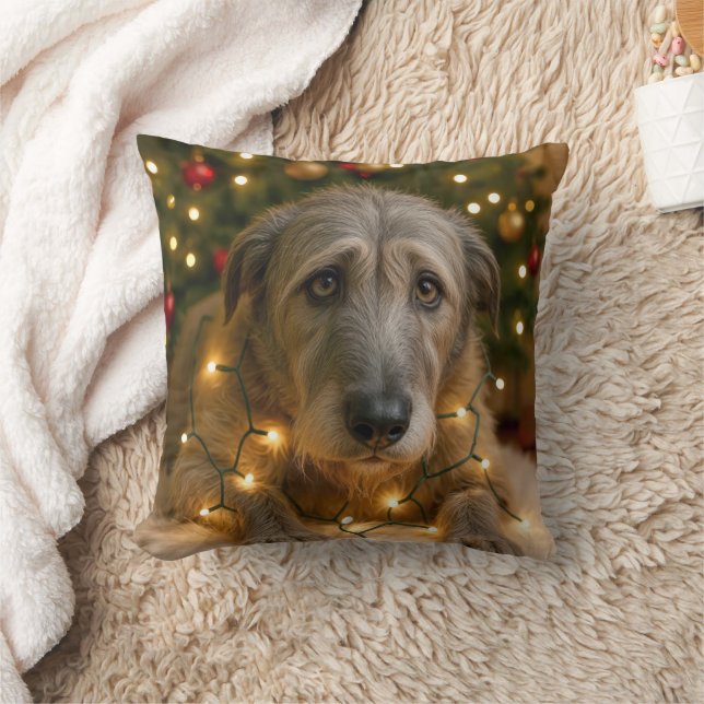 Irish Wolfhound Tangled In Holiday Lights Throw Pillow (Blanket)