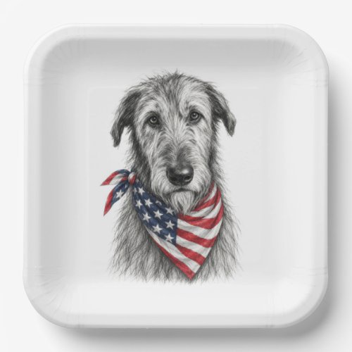 Irish Wolfhound Wearing an American Flag Bandana Paper Plates
