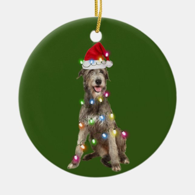 Irish Wolfhound With Christmas Scafts Santa Ceramic Ornament (Front)