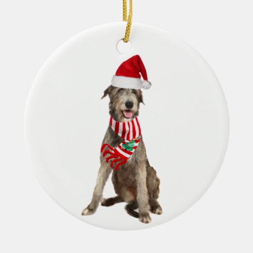 Irish Wolfhound With Hat Scaft Christmas Ceramic Ornament