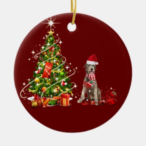Irish Wolfhound With Hat Scaft Christmas Ceramic Ornament
