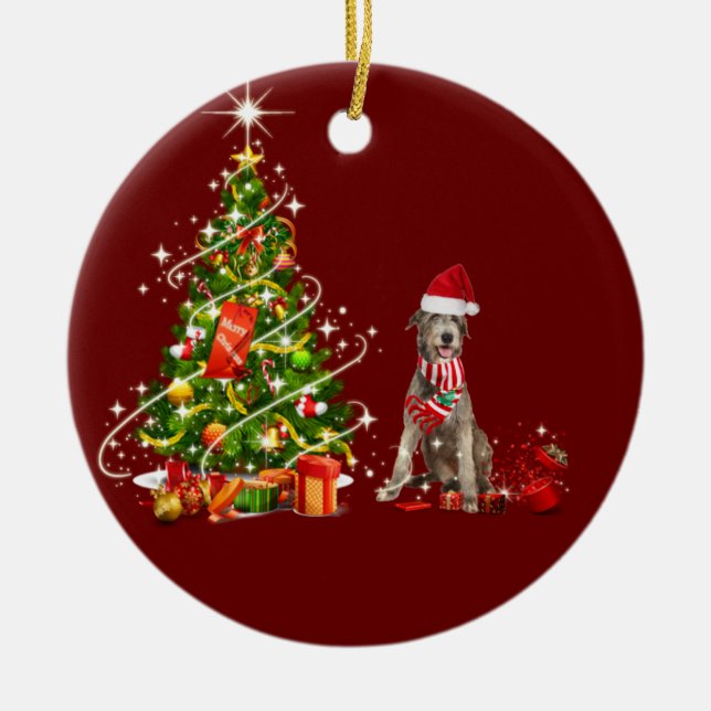 Irish Wolfhound With Hat Scaft Christmas Ceramic Ornament (Front)