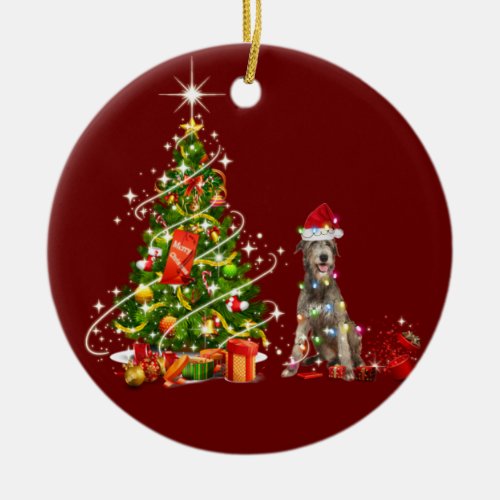 Irish wolfhound With Hat Scaft Christmas Ceramic Ornament