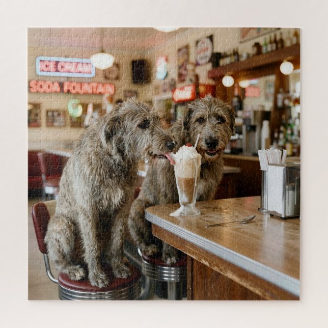 Irish Wolfhounds Sharing a Milkshake Jigsaw Puzzle (Vertical)