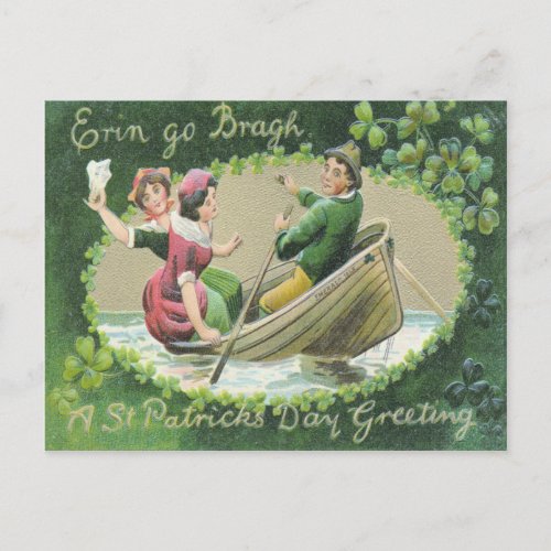Irish Woman Man Rowboat Shamrock Postcard