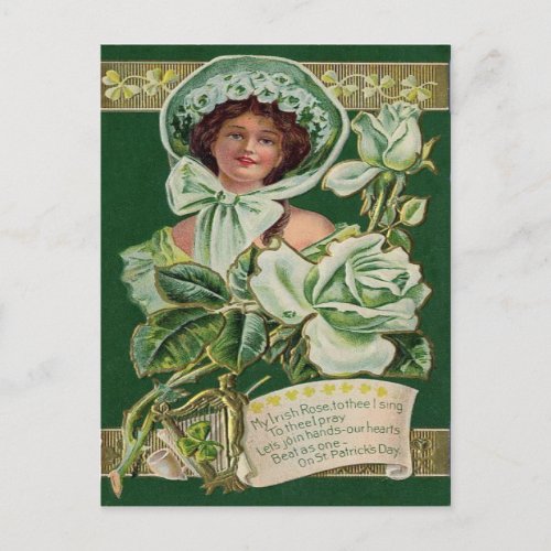 Irish Woman Rose Shamrock Clay Pipe Harp Postcard