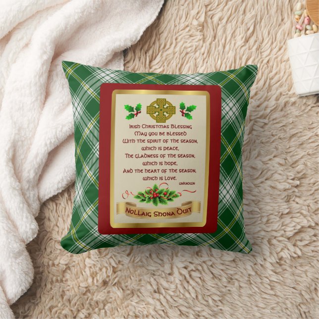 Irish Xmas Blessing w/St. Patrick Tartan Throw Pillow (Blanket)