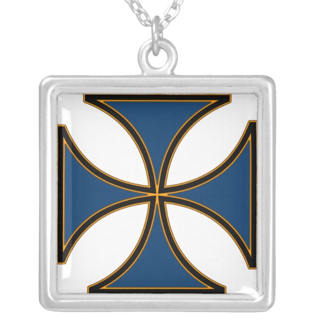 Iron Cross in Blue Silver Plated Necklace (Front)