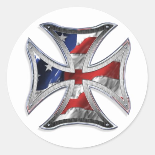 Iron Cross w American Flag Classic Round Sticker