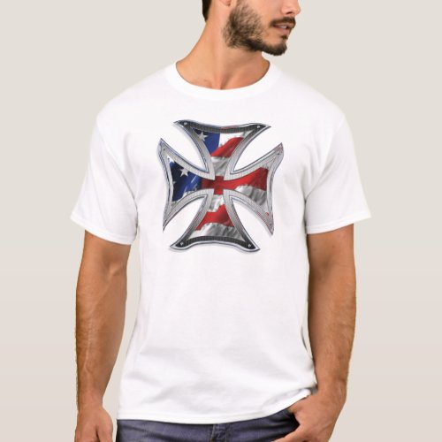 Iron Cross w American Flag T_Shirt