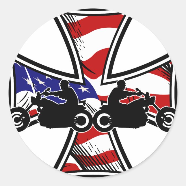Iron Cross with American Flag and Bikers Classic Round Sticker (Front)