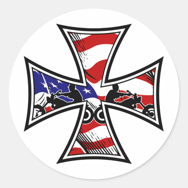 Iron Cross with American Flag and Bikers Classic Round Sticker Zazzle