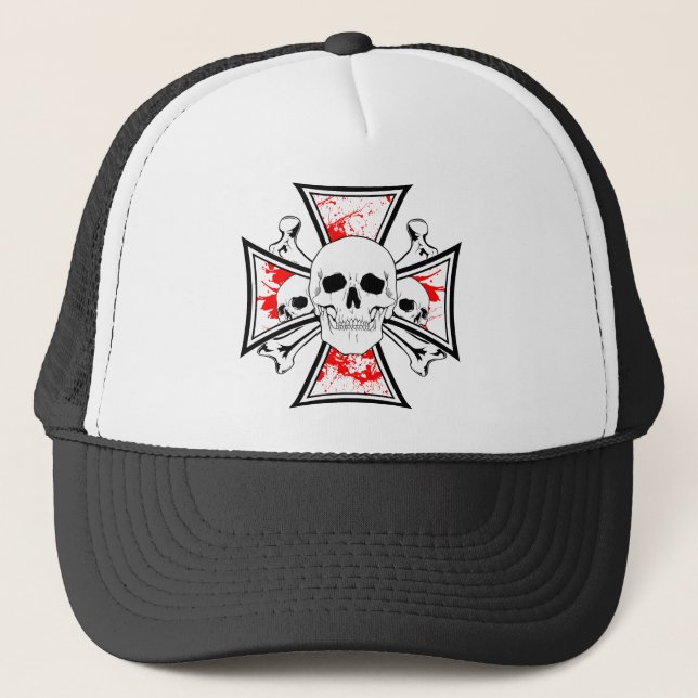 Iron Cross with Skulls and Cross Bones Trucker Hat (Front)