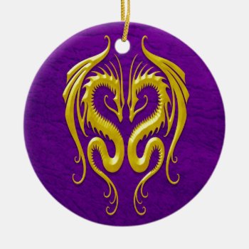 Iron Dragons  Yellow And Purple Ceramic Ornament by JeffBartels at Zazzle