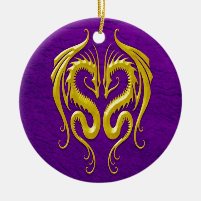 Iron Dragons, yellow and purple Ceramic Ornament (Front)
