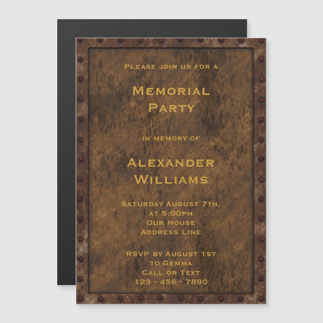 Iron Framed Effect Men´s Memorial Party Magnetic Invitation (Front/Back)