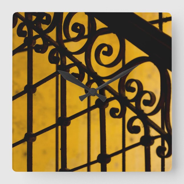 Iron gate pattern in yellow, Cuba Square Wall Clock (Front)