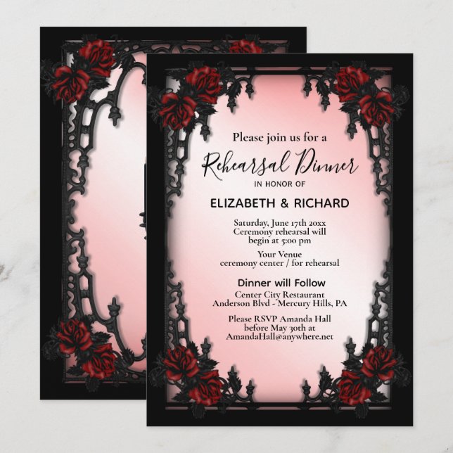 Iron Gothic Red Rose Rehearsal Dinner Invitation (Front/Back)