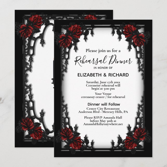 Iron Gothic Red Rose White Rehearsal Dinner Invitation (Front/Back)
