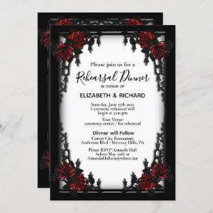 Iron Gothic Red Rose White Rehearsal Dinner Invitation