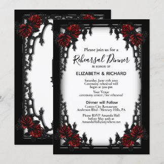 Iron Gothic Red Rose White Rehearsal Dinner Invitation