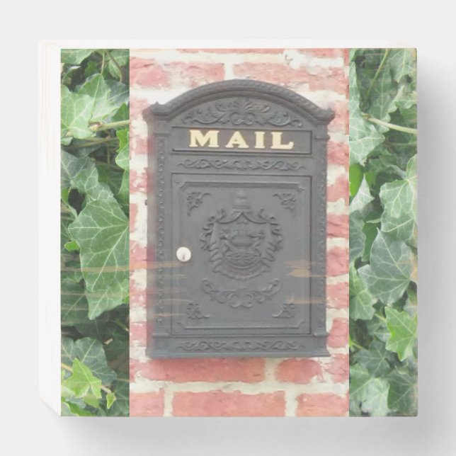Iron mailbox on brick and ivy wooden box sign (Front Horizontal)
