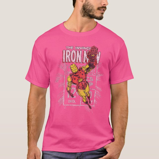 Iron Man Retro Comic Book Stamp Flying Pose funny T-Shirt (Front)
