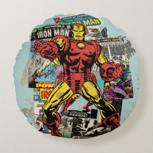 Iron Man Retro Comic Collage Round Pillow