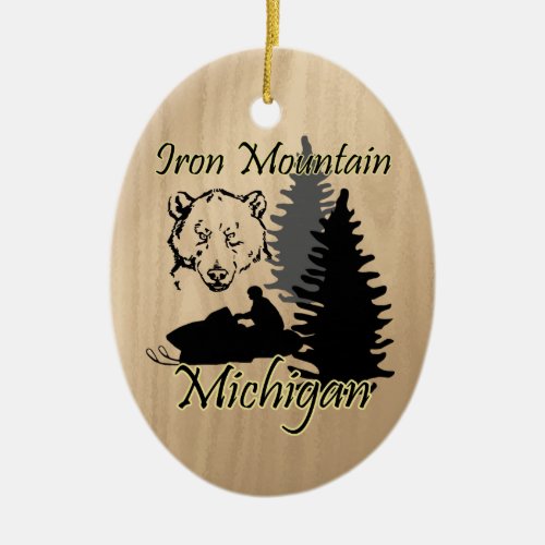 Iron Mountain Michigan Snowmobile Bear Ceramic Ceramic Ornament