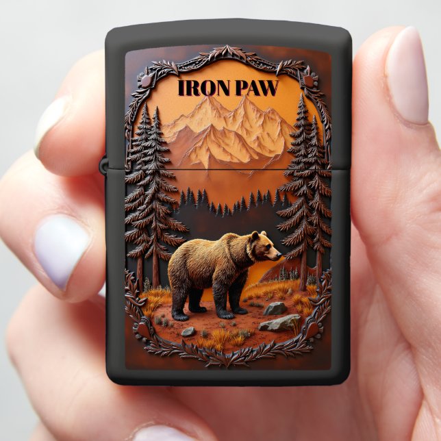 Iron Paw Bear Sunset Landscape Zippo Lighter (In Hand)