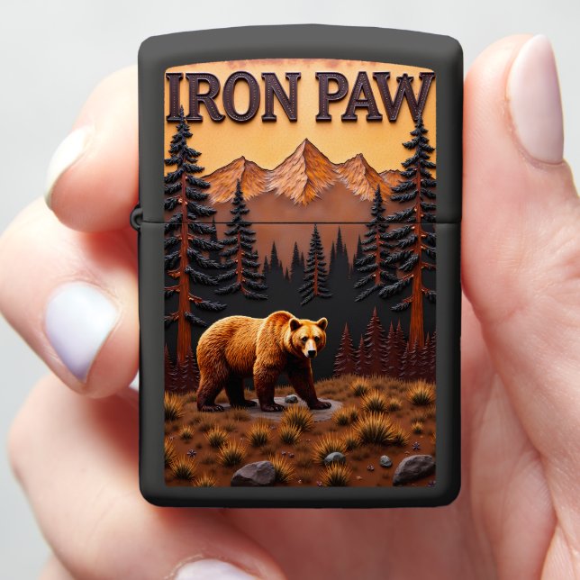 Iron Paw Bear Sunset Woods Zippo Lighter (In Hand)