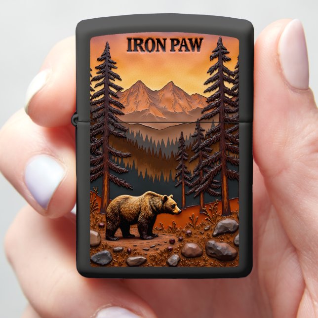 Iron Paw Grizzly Forest View Zippo Lighter (In Hand)