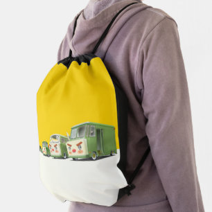 Iron T: Retro Cartoon Cars & Vans Lineup Drawstring Bag