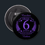 Iron wedding anniversary 6 years bottle opener<br><div class="desc">A design to celebrate 6 years of marriage. This design has a purple (the traditional color for this occasion) colored laurel design on a black background. Iron is the traditional gift for this occasion. The text reads Iron 6 years anniversary. A romantic design to celebrate your 6th year of marriage....</div>