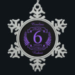 Iron wedding anniversary 6 years snowflake pewter christmas ornament<br><div class="desc">A design to celebrate 6 years of marriage. This design has a purple (the traditional color for this occasion) colored laurel design on a black background. Iron is the traditional gift for this occasion. The text reads Iron 6 years anniversary. A romantic design to celebrate your 6th year of marriage....</div>