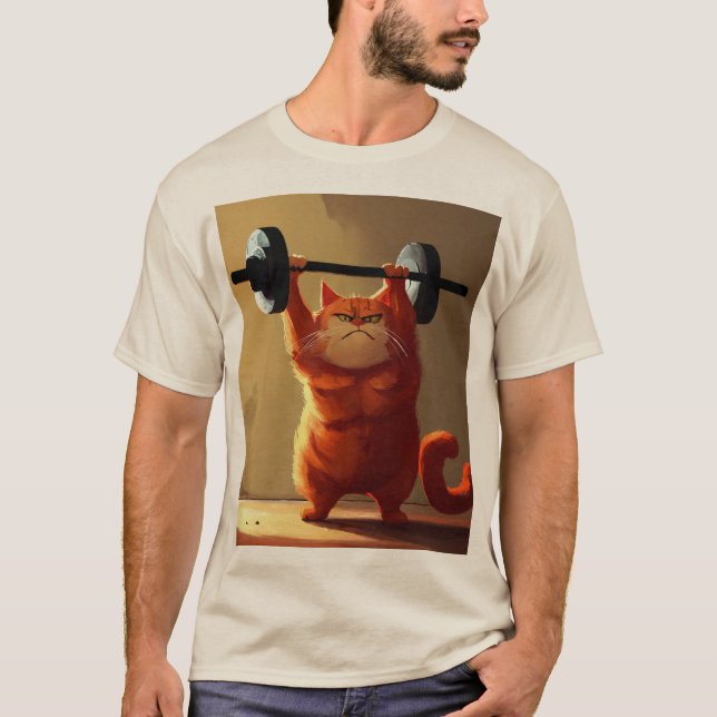 Iron Will: The Striving Red Cat Lifting Weights T-Shirt (Front)