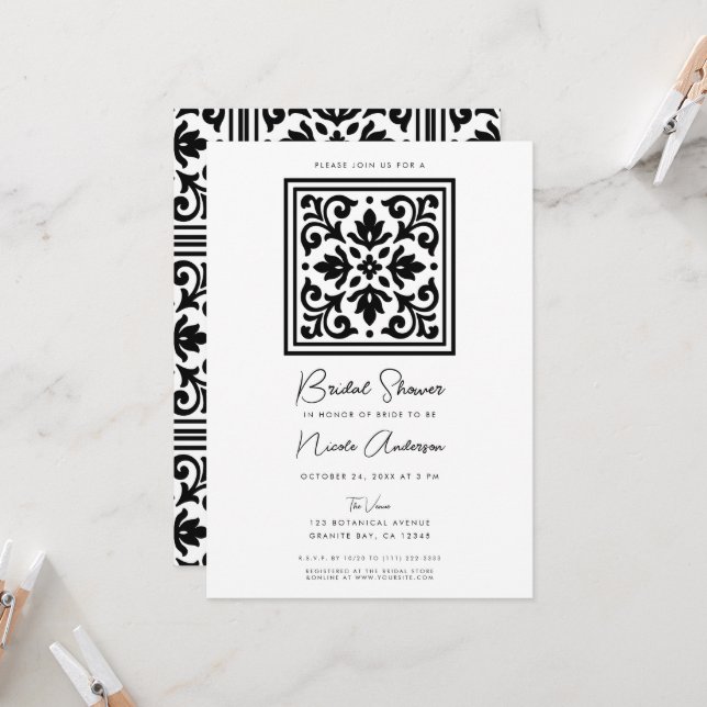 Ironlace Black & White Vintage Bridal Shower Invitation (Front/Back In Situ)