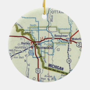 Ironwood MI Vintage Map Ceramic Ornament
