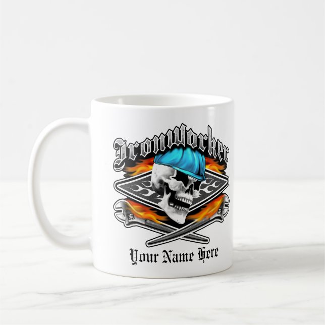 Ironworker Skull and Flaming Crossed Wrenches Coffee Mug (Left)