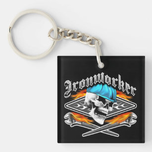 Ironworker Skull and Flaming Wrenches Keychain