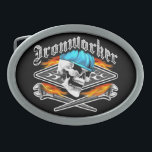 Ironworker Skull and Flaming Wrenches Oval Belt Buckle<br><div class="desc">A cool (and rather fierce) iron worker skull wearing his blue hard hat,  over flaming crossed spud wrenches,  in front of a flaming diamond background. Designed by sdesiata,  for the apprentice,  journeyman,  skilled ironworker,  and those with a fierce passion for the trade.</div>