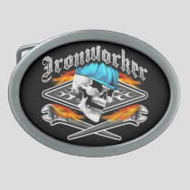 Ironworker Skull and Flaming Wrenches Oval Belt Buckle