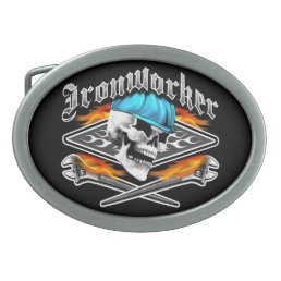 Ironworker Skull and Flaming Wrenches Oval Belt Buckle