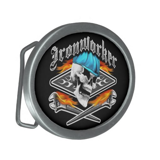 Ironworker Skull and Flaming Wrenches Oval Belt Buckle Zazzle