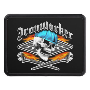 Ironworker Skull and Flaming Wrenches Trailer Hitch Cover