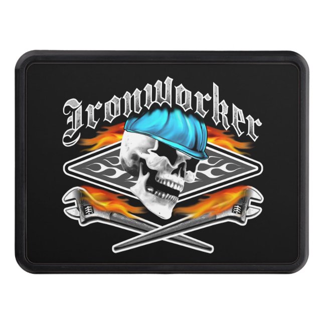 Ironworker Skull and Flaming Wrenches Trailer Hitch Cover (Front)