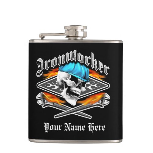 Ironworker Skull and Spud Wrenches Hip Flask