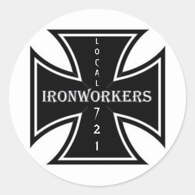 IRONWORKERS IRONCROSS, LOCAL, 721 CLASSIC ROUND STICKER (Front)
