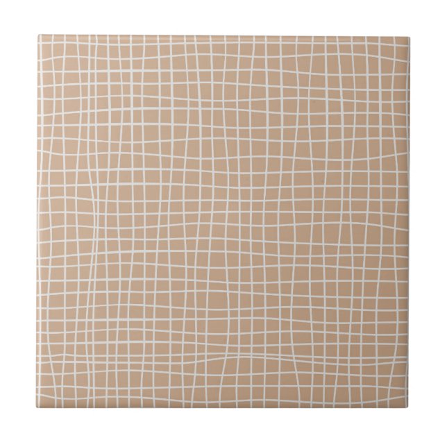 Irregular Grid Optical Illusion White Line Squares Ceramic Tile (Front)